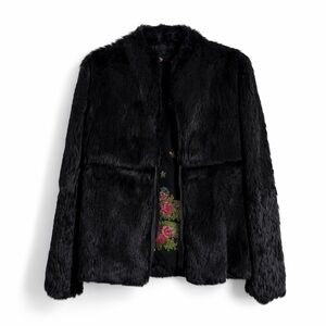 DKNY Black Rabbit Fur Teddy Jacket with Floral Accents